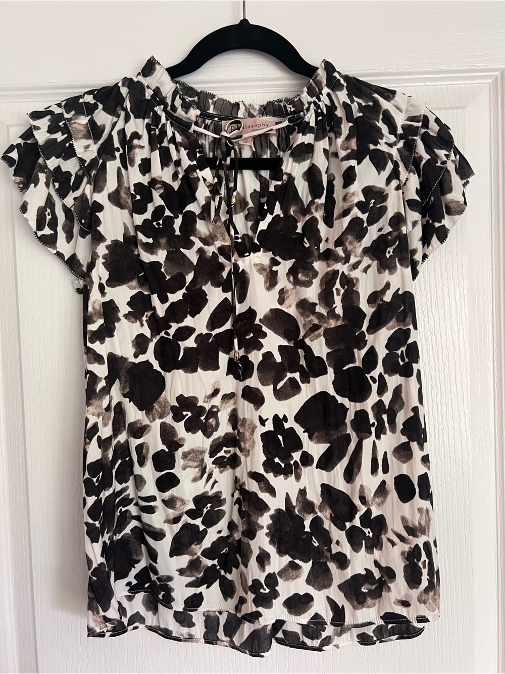 Philosophy Black & White Floral Watercolor Tie-Neck Blouse
